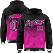 Charger l'image dans la galerie, Custom Black Deep Pink-White Gradient Square Shape 3D Pattern Design Bomber Full-Snap Varsity Letterman Hoodie Jacket