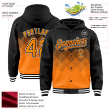 Laden Sie das Bild in den Galerie-Viewer, Custom Black Bay Orange-White Gradient Square Shape 3D Pattern Design Bomber Full-Snap Varsity Letterman Hoodie Jacket
