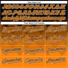 Laden Sie das Bild in den Galerie-Viewer, Custom Black Bay Orange-White Gradient Square Shape 3D Pattern Design Bomber Full-Snap Varsity Letterman Hoodie Jacket