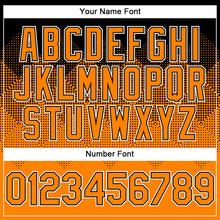 Laden Sie das Bild in den Galerie-Viewer, Custom Black Bay Orange-White Gradient Square Shape 3D Pattern Design Bomber Full-Snap Varsity Letterman Hoodie Jacket