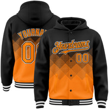 Laden Sie das Bild in den Galerie-Viewer, Custom Black Bay Orange-White Gradient Square Shape 3D Pattern Design Bomber Full-Snap Varsity Letterman Hoodie Jacket