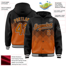 Laden Sie das Bild in den Galerie-Viewer, Custom Black Texas Orange-White Gradient Square Shape 3D Pattern Design Bomber Full-Snap Varsity Letterman Hoodie Jacket