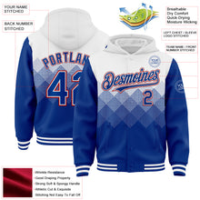 Laden Sie das Bild in den Galerie-Viewer, Custom White Royal-Red Gradient Square Shape 3D Pattern Design Bomber Full-Snap Varsity Letterman Hoodie Jacket