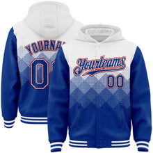 Laden Sie das Bild in den Galerie-Viewer, Custom White Royal-Red Gradient Square Shape 3D Pattern Design Bomber Full-Snap Varsity Letterman Hoodie Jacket