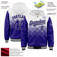 Charger l'image dans la galerie, Custom White Dark Purple-Black Gradient Square Shape 3D Pattern Design Bomber Full-Snap Varsity Letterman Hoodie Jacket