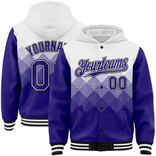 Charger l'image dans la galerie, Custom White Dark Purple-Black Gradient Square Shape 3D Pattern Design Bomber Full-Snap Varsity Letterman Hoodie Jacket