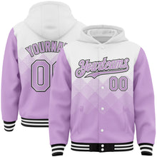 Charger l'image dans la galerie, Custom White Light Purple-Black Gradient Square Shape 3D Pattern Design Bomber Full-Snap Varsity Letterman Hoodie Jacket