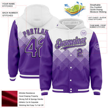 Charger l'image dans la galerie, Custom White Purple-Black Gradient Square Shape 3D Pattern Design Bomber Full-Snap Varsity Letterman Hoodie Jacket