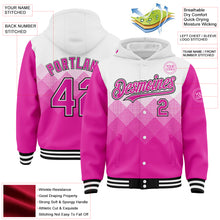 Charger l'image dans la galerie, Custom White Deep Pink-Black Gradient Square Shape 3D Pattern Design Bomber Full-Snap Varsity Letterman Hoodie Jacket