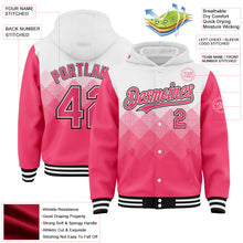 Charger l'image dans la galerie, Custom White Neon Pink-Black Gradient Square Shape 3D Pattern Design Bomber Full-Snap Varsity Letterman Hoodie Jacket