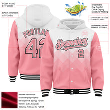 Laden Sie das Bild in den Galerie-Viewer, Custom White Medium Pink-Black Gradient Square Shape 3D Pattern Design Bomber Full-Snap Varsity Letterman Hoodie Jacket
