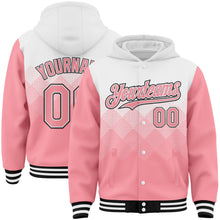 Laden Sie das Bild in den Galerie-Viewer, Custom White Medium Pink-Black Gradient Square Shape 3D Pattern Design Bomber Full-Snap Varsity Letterman Hoodie Jacket