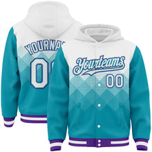 Charger l'image dans la galerie, Custom White Teal-Purple Gradient Square Shape 3D Pattern Design Bomber Full-Snap Varsity Letterman Hoodie Jacket