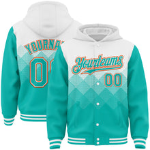 Charger l'image dans la galerie, Custom White Aqua-Orange Gradient Square Shape 3D Pattern Design Bomber Full-Snap Varsity Letterman Hoodie Jacket