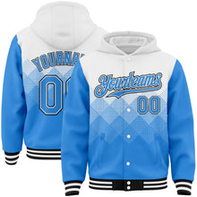 Charger l'image dans la galerie, Custom White Powder Blue-Black Gradient Square Shape 3D Pattern Design Bomber Full-Snap Varsity Letterman Hoodie Jacket