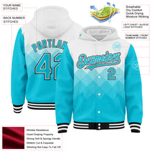 Charger l'image dans la galerie, Custom White Lakes Blue-Black Gradient Square Shape 3D Pattern Design Bomber Full-Snap Varsity Letterman Hoodie Jacket