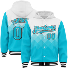 Charger l'image dans la galerie, Custom White Lakes Blue-Black Gradient Square Shape 3D Pattern Design Bomber Full-Snap Varsity Letterman Hoodie Jacket