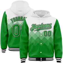 Charger l'image dans la galerie, Custom White Grass Green-Black Gradient Square Shape 3D Pattern Design Bomber Full-Snap Varsity Letterman Hoodie Jacket
