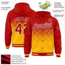 Charger l'image dans la galerie, Custom Red Gold-White Gradient Square Shape 3D Pattern Design Bomber Full-Snap Varsity Letterman Hoodie Jacket