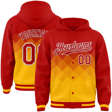 Charger l'image dans la galerie, Custom Red Gold-White Gradient Square Shape 3D Pattern Design Bomber Full-Snap Varsity Letterman Hoodie Jacket