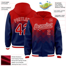 Charger l'image dans la galerie, Custom Red Navy-White Gradient Square Shape 3D Pattern Design Bomber Full-Snap Varsity Letterman Hoodie Jacket