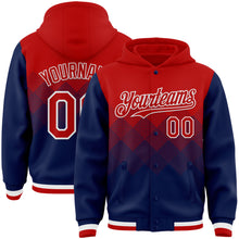 Charger l'image dans la galerie, Custom Red Navy-White Gradient Square Shape 3D Pattern Design Bomber Full-Snap Varsity Letterman Hoodie Jacket