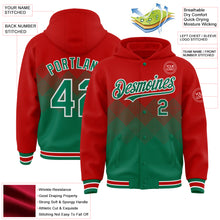 Charger l'image dans la galerie, Custom Red Kelly Green-White Gradient Square Shape 3D Pattern Design Bomber Full-Snap Varsity Letterman Hoodie Jacket