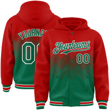 Charger l'image dans la galerie, Custom Red Kelly Green-White Gradient Square Shape 3D Pattern Design Bomber Full-Snap Varsity Letterman Hoodie Jacket