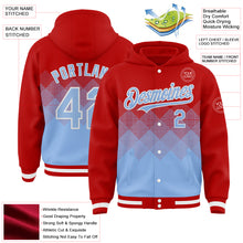 Charger l'image dans la galerie, Custom Red Light Blue-White Gradient Square Shape 3D Pattern Design Bomber Full-Snap Varsity Letterman Hoodie Jacket
