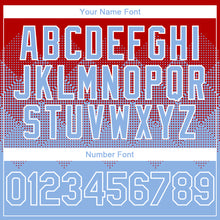 Charger l'image dans la galerie, Custom Red Light Blue-White Gradient Square Shape 3D Pattern Design Bomber Full-Snap Varsity Letterman Hoodie Jacket