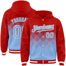 Charger l'image dans la galerie, Custom Red Light Blue-White Gradient Square Shape 3D Pattern Design Bomber Full-Snap Varsity Letterman Hoodie Jacket