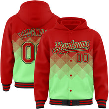 Charger l'image dans la galerie, Custom Red Pea Green-Black Gradient Square Shape 3D Pattern Design Bomber Full-Snap Varsity Letterman Hoodie Jacket