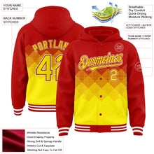 Charger l'image dans la galerie, Custom Red Light Yellow-White Gradient Square Shape 3D Pattern Design Bomber Full-Snap Varsity Letterman Hoodie Jacket