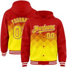 Charger l'image dans la galerie, Custom Red Light Yellow-White Gradient Square Shape 3D Pattern Design Bomber Full-Snap Varsity Letterman Hoodie Jacket