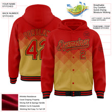 Charger l'image dans la galerie, Custom Red Old Gold-Black Gradient Square Shape 3D Pattern Design Bomber Full-Snap Varsity Letterman Hoodie Jacket