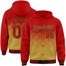 Charger l'image dans la galerie, Custom Red Old Gold-Black Gradient Square Shape 3D Pattern Design Bomber Full-Snap Varsity Letterman Hoodie Jacket