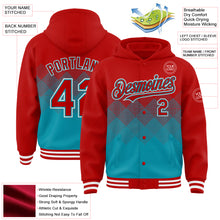 Charger l'image dans la galerie, Custom Red Teal-White Gradient Square Shape 3D Pattern Design Bomber Full-Snap Varsity Letterman Hoodie Jacket