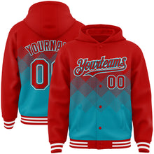 Charger l'image dans la galerie, Custom Red Teal-White Gradient Square Shape 3D Pattern Design Bomber Full-Snap Varsity Letterman Hoodie Jacket