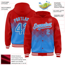 Charger l'image dans la galerie, Custom Red Powder Blue-White Gradient Square Shape 3D Pattern Design Bomber Full-Snap Varsity Letterman Hoodie Jacket