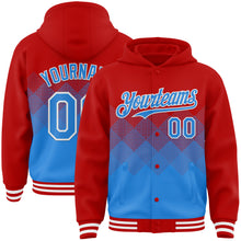 Charger l'image dans la galerie, Custom Red Powder Blue-White Gradient Square Shape 3D Pattern Design Bomber Full-Snap Varsity Letterman Hoodie Jacket