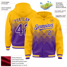 Charger l'image dans la galerie, Custom Gold Purple-White Gradient Square Shape 3D Pattern Design Bomber Full-Snap Varsity Letterman Hoodie Jacket
