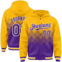 Charger l'image dans la galerie, Custom Gold Purple-White Gradient Square Shape 3D Pattern Design Bomber Full-Snap Varsity Letterman Hoodie Jacket