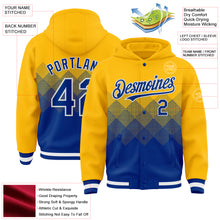 Charger l'image dans la galerie, Custom Gold Royal-White Gradient Square Shape 3D Pattern Design Bomber Full-Snap Varsity Letterman Hoodie Jacket