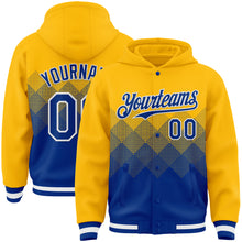 Charger l'image dans la galerie, Custom Gold Royal-White Gradient Square Shape 3D Pattern Design Bomber Full-Snap Varsity Letterman Hoodie Jacket