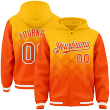 Charger l'image dans la galerie, Custom Gold Orange-White Gradient Square Shape 3D Pattern Design Bomber Full-Snap Varsity Letterman Hoodie Jacket