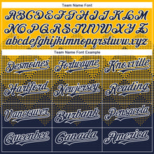 Charger l'image dans la galerie, Custom Gold Navy-White Gradient Square Shape 3D Pattern Design Bomber Full-Snap Varsity Letterman Hoodie Jacket