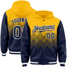 Charger l'image dans la galerie, Custom Gold Navy-White Gradient Square Shape 3D Pattern Design Bomber Full-Snap Varsity Letterman Hoodie Jacket