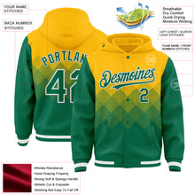 Charger l'image dans la galerie, Custom Gold Kelly Green-White Gradient Square Shape 3D Pattern Design Bomber Full-Snap Varsity Letterman Hoodie Jacket