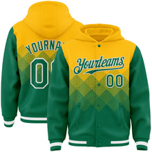 Charger l'image dans la galerie, Custom Gold Kelly Green-White Gradient Square Shape 3D Pattern Design Bomber Full-Snap Varsity Letterman Hoodie Jacket