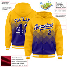 Charger l'image dans la galerie, Custom Gold Dark Purple-White Gradient Square Shape 3D Pattern Design Bomber Full-Snap Varsity Letterman Hoodie Jacket
